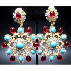 LAWRENCE VRBA Huge Red & Blue Cabochon Faux Pearl Clip Earrings